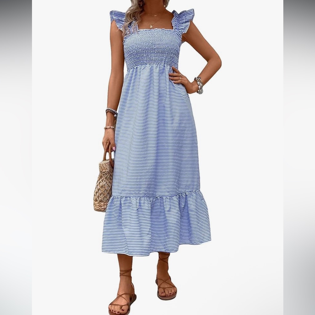Nwot Amazon Makemechic Blue/White Striped Midi Dress Size M